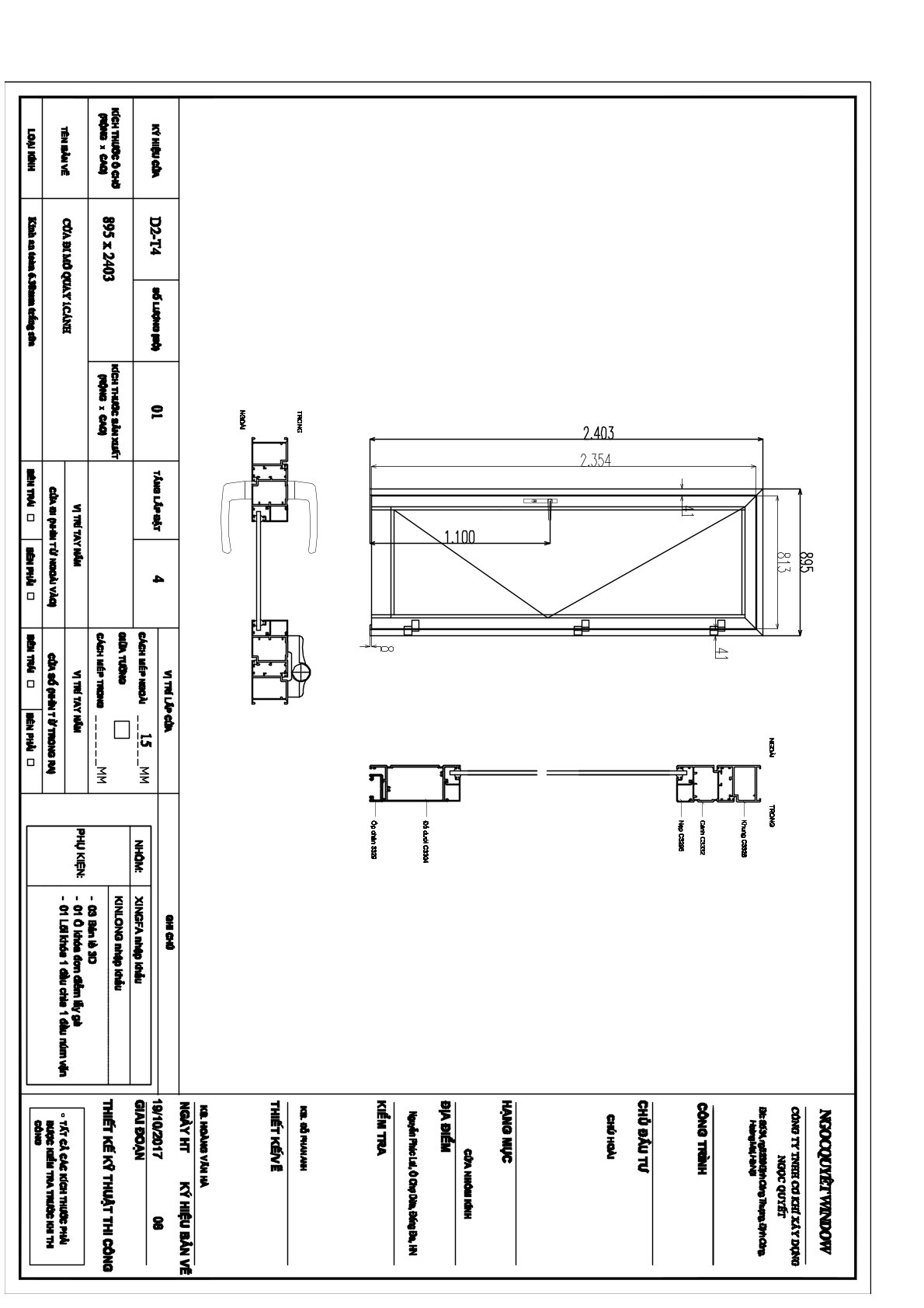 Bản vẽ kỹ thuật cửa đi mở quay nhôm kính Xingfa kích thước 895 x 2403 mm